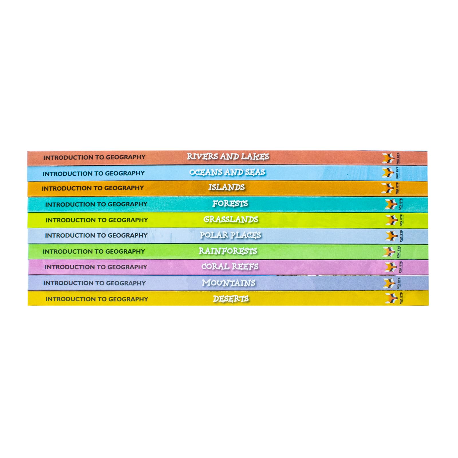 Close-up of the colorful covers in the Introduction to Geography hardback set, including Coral Reefs and Deserts titles.