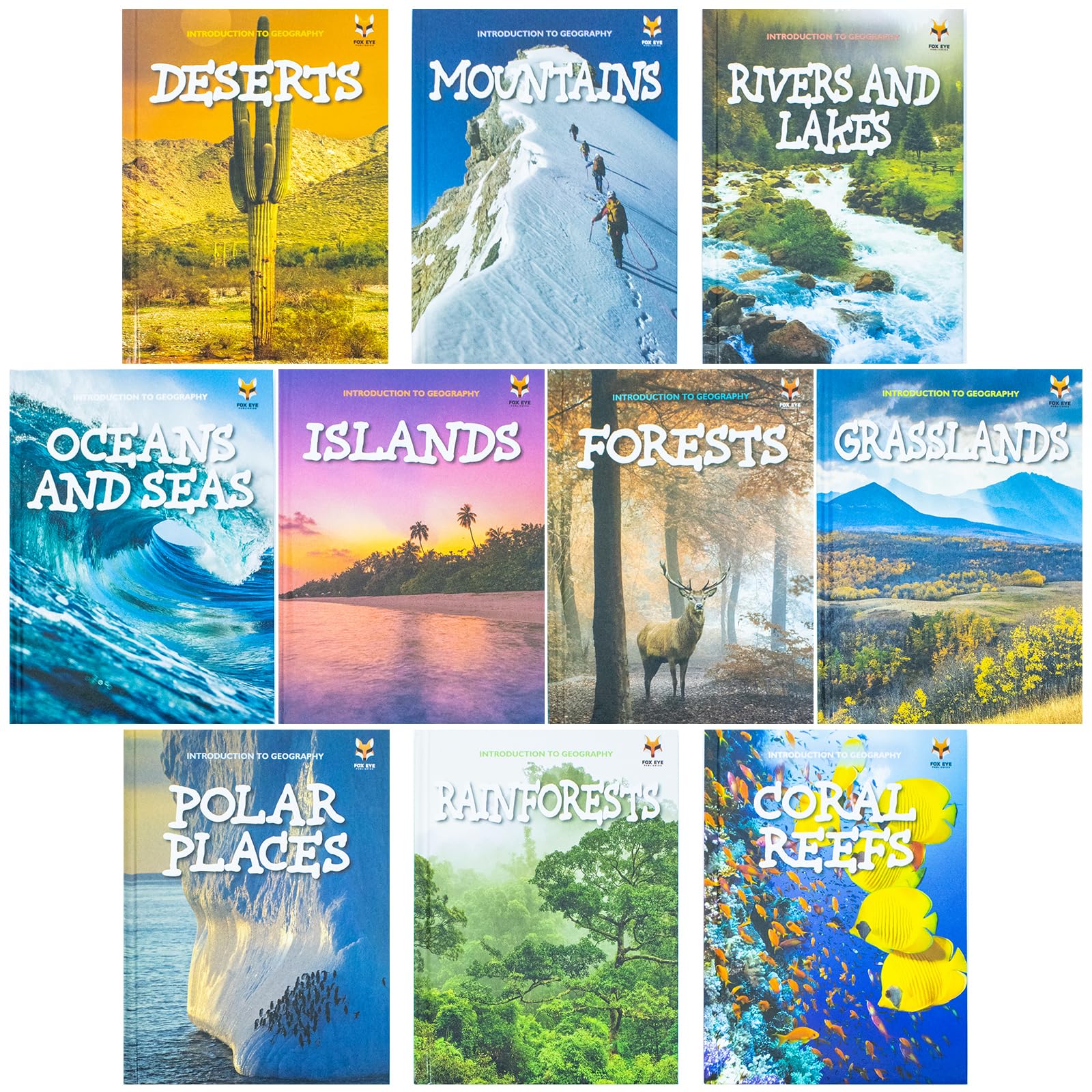 Angled view of the Introduction to Geography 10-book hardback set fanned out to show the Mountains and Rainforests covers.