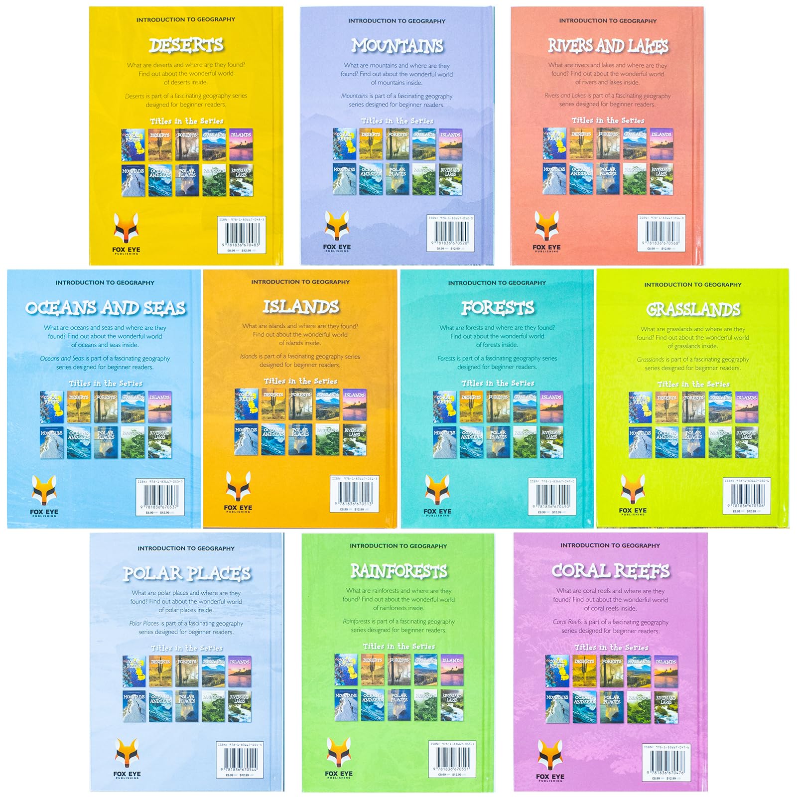 Stacked arrangement of the Introduction to Geography hardback books highlighting the Polar Places and Islands covers.