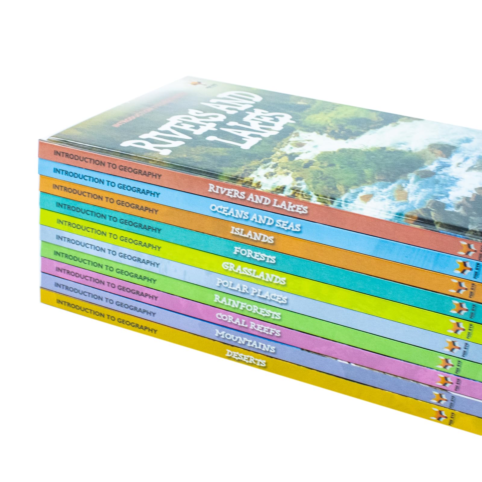Introduction to Geography series hardback books arranged to show the Grasslands and Oceans and Seas covers by Jasmine Brooke.
