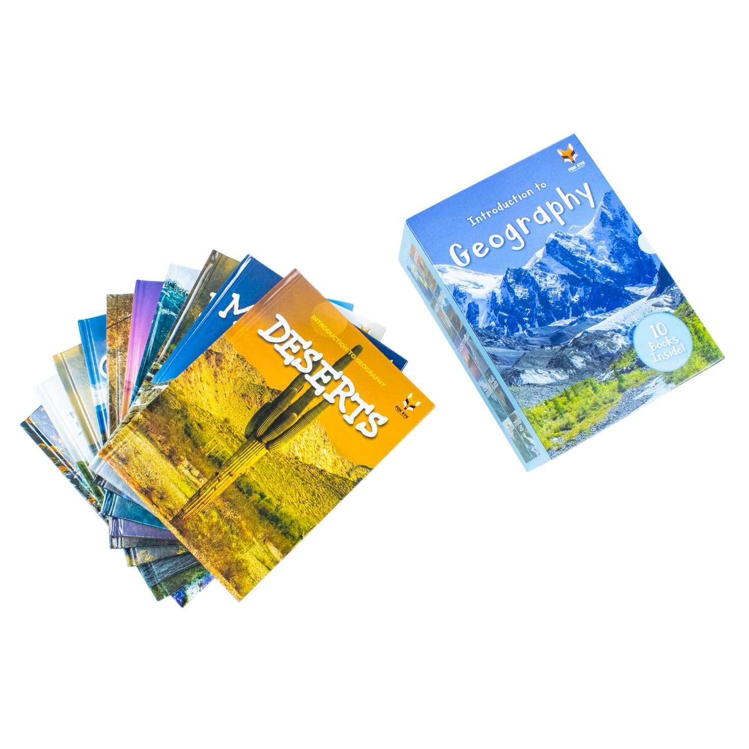 Full set of Introduction to Geography non-fiction hardback books for kids, published by Fox Eye Publishing, viewed from above.