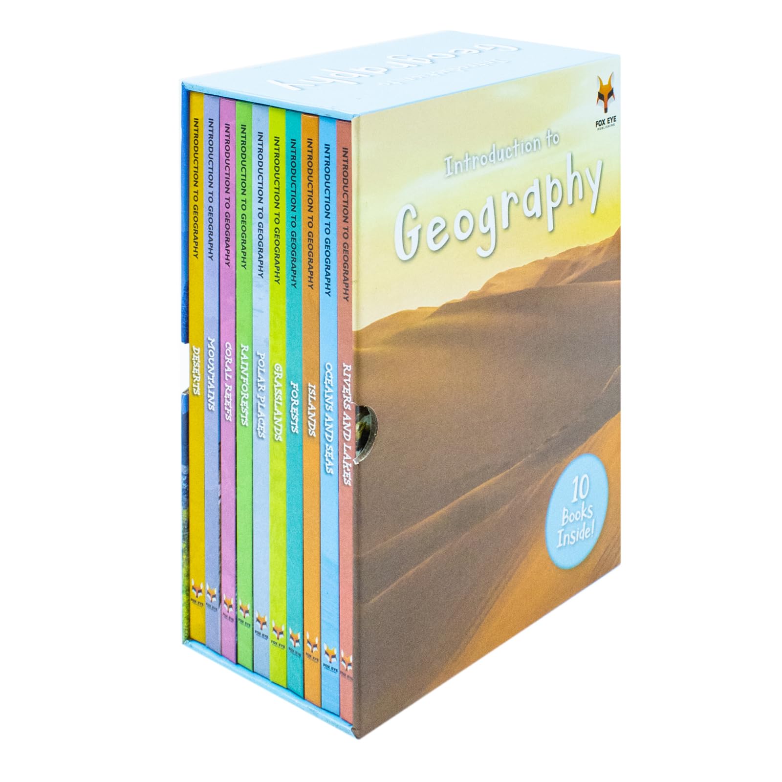 Front view of the Introduction to Geography 10-book hardback collection set by Jasmine Brooke, published by Fox Eye Publishing.