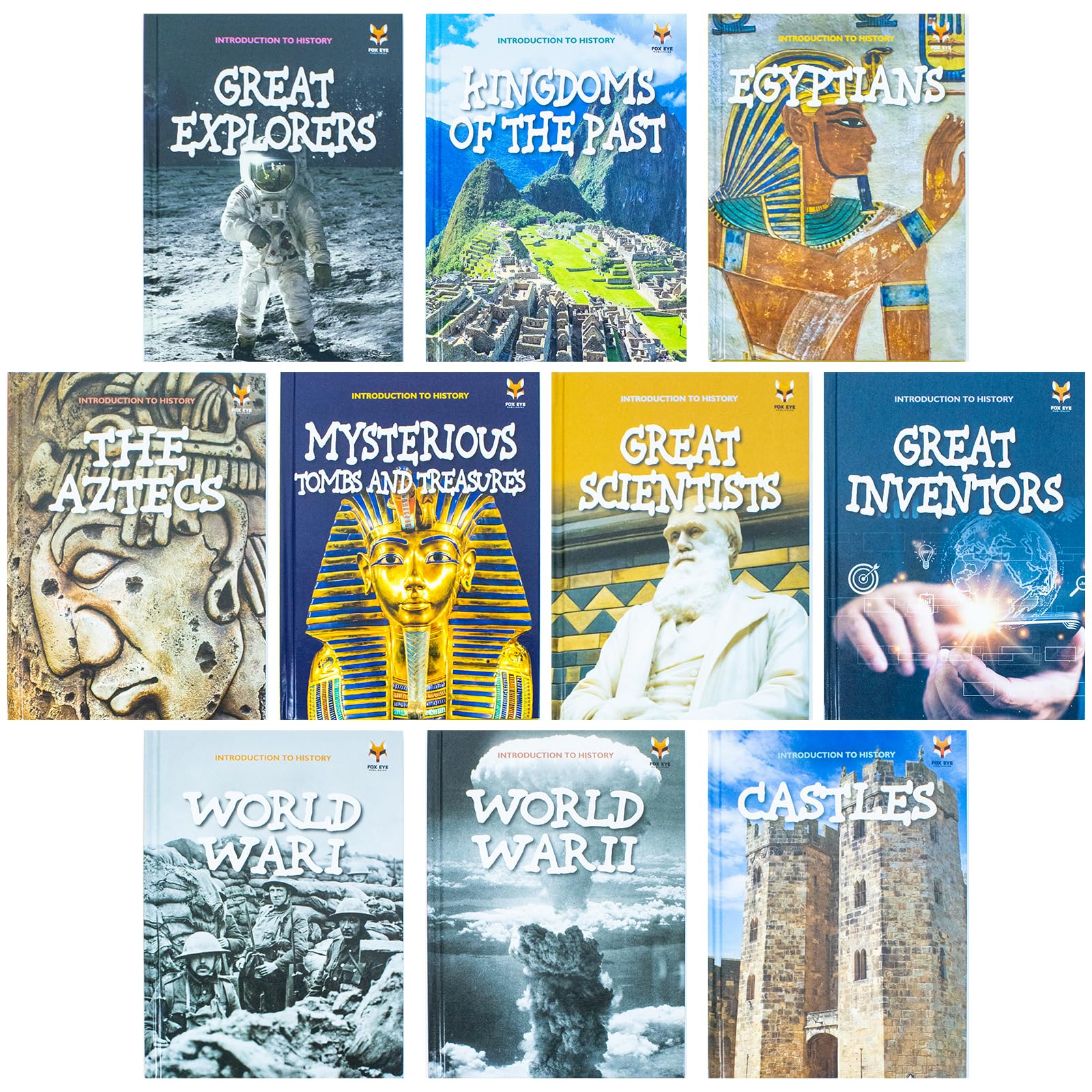 Close-up of hardback spines showing titles including Great Explorers, Great Inventors, and Great Scientists from the collection