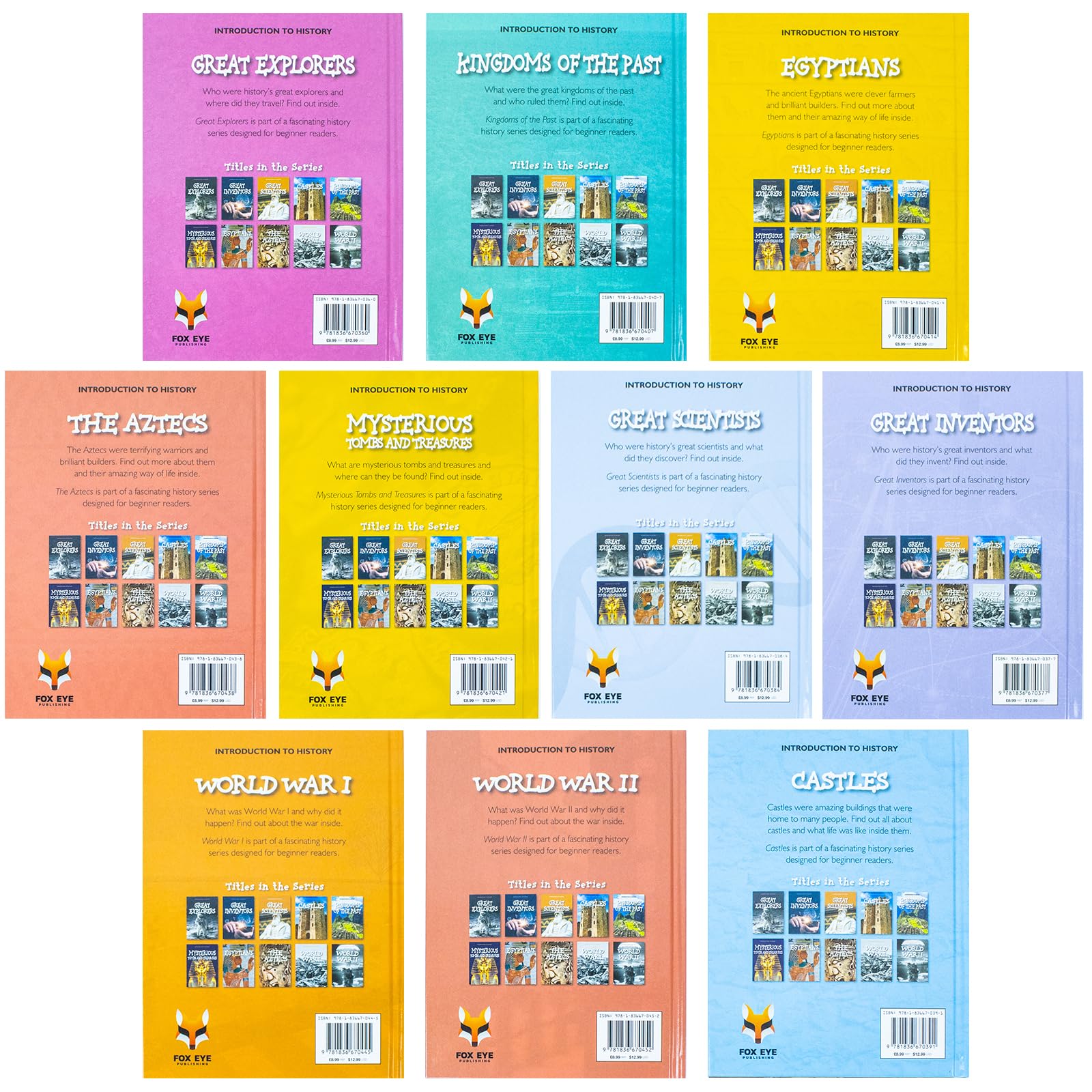 Angled view of the 10-book hardback history set by Jasmine Brooke displayed together for ages 5 and up