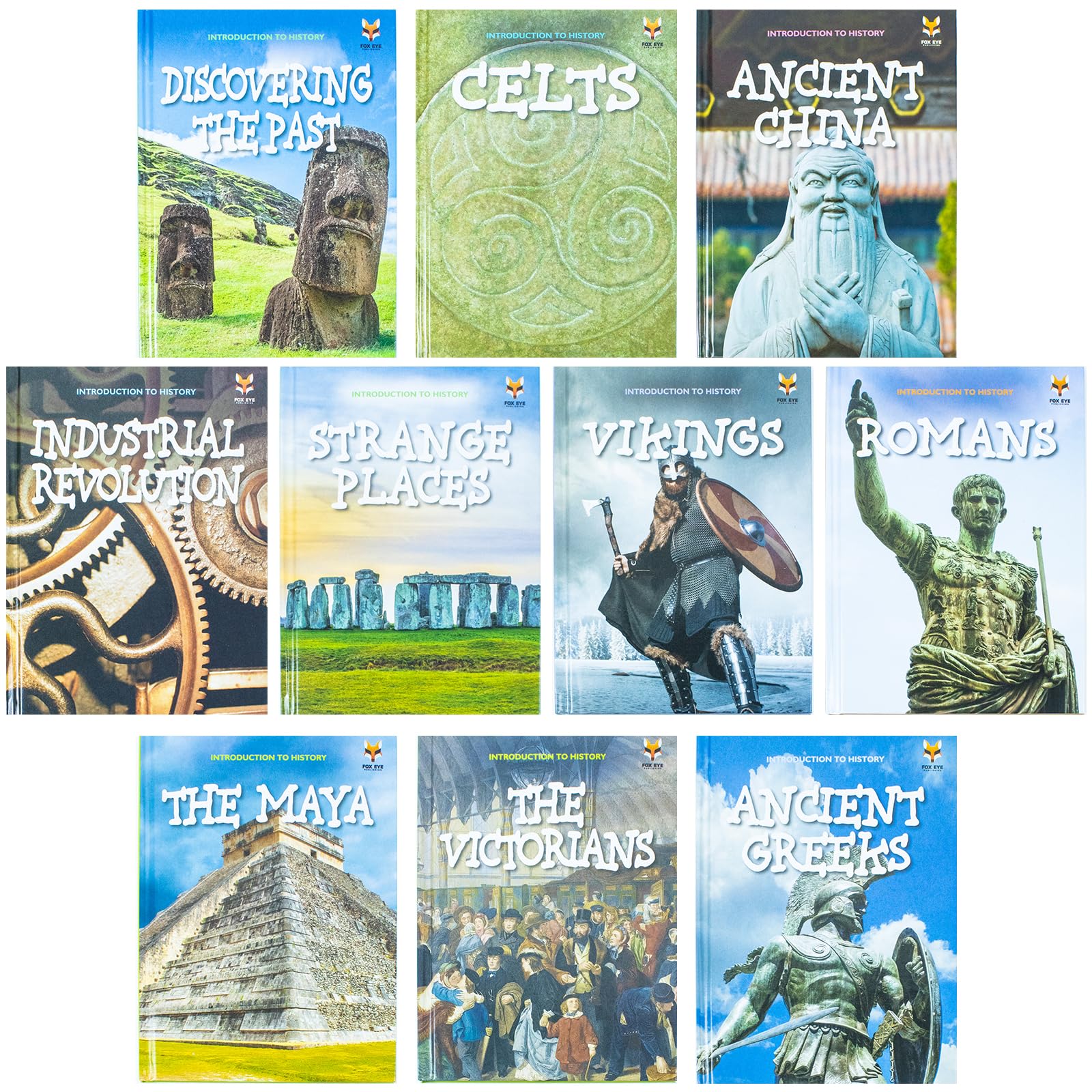 All 10 hardback titles from Introduction to History Series 1 by Jasmine Brooke fanned out, published by Fox Eye Publishing.