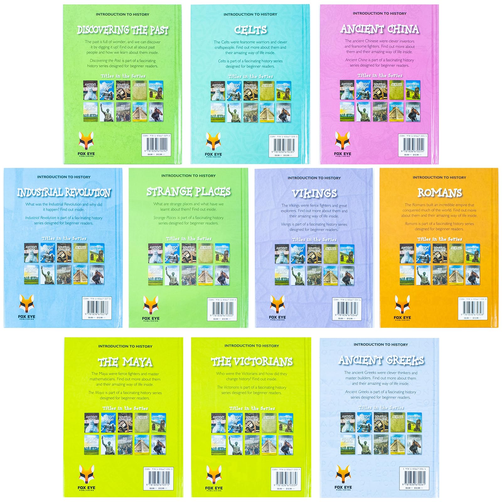 Individual hardback covers from the Introduction to History Series 1 set, including Ancient China and the Industrial Revolution.