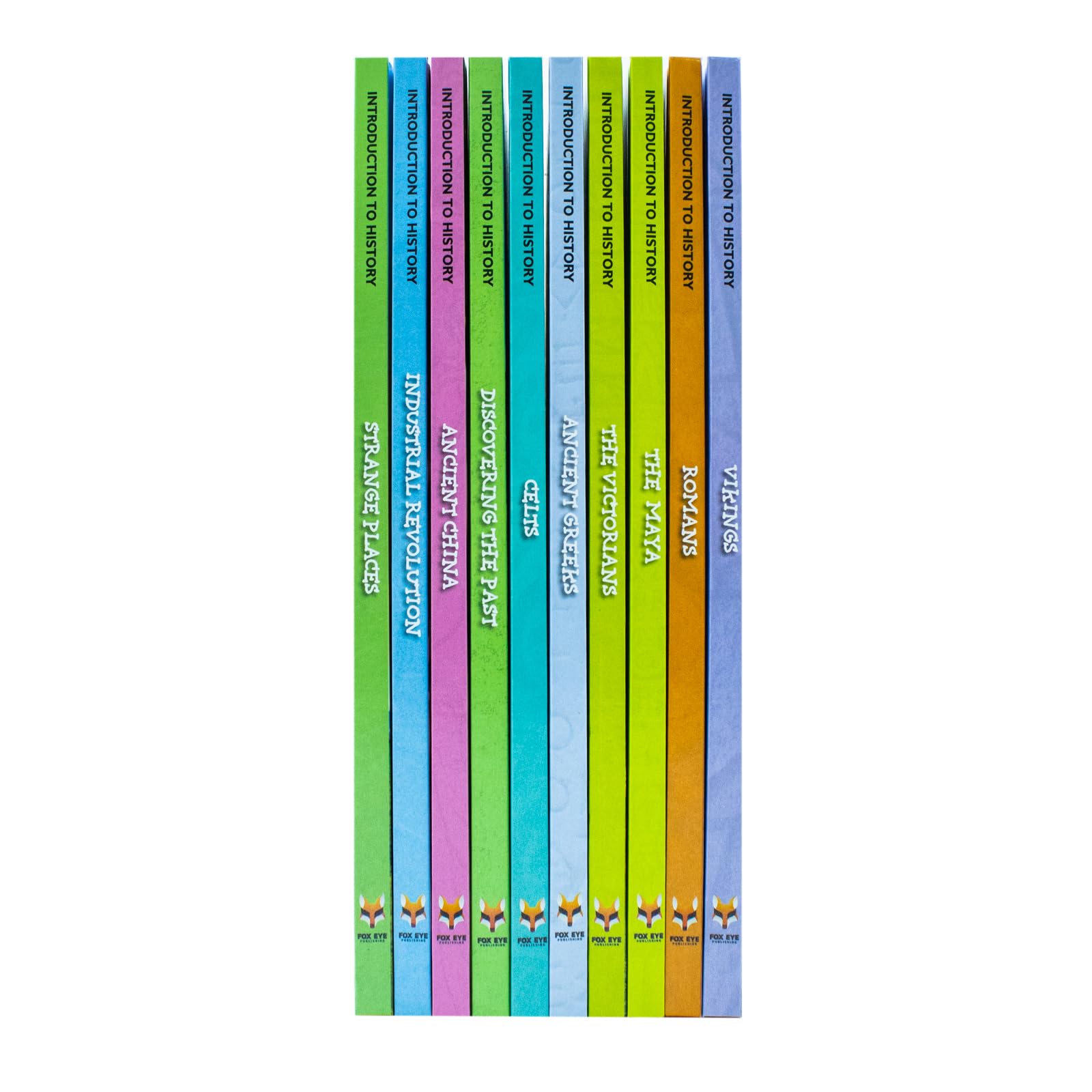 Stacked view of the 10 hardback Introduction to History Series 1 books by Jasmine Brooke, Fox Eye Publishing.