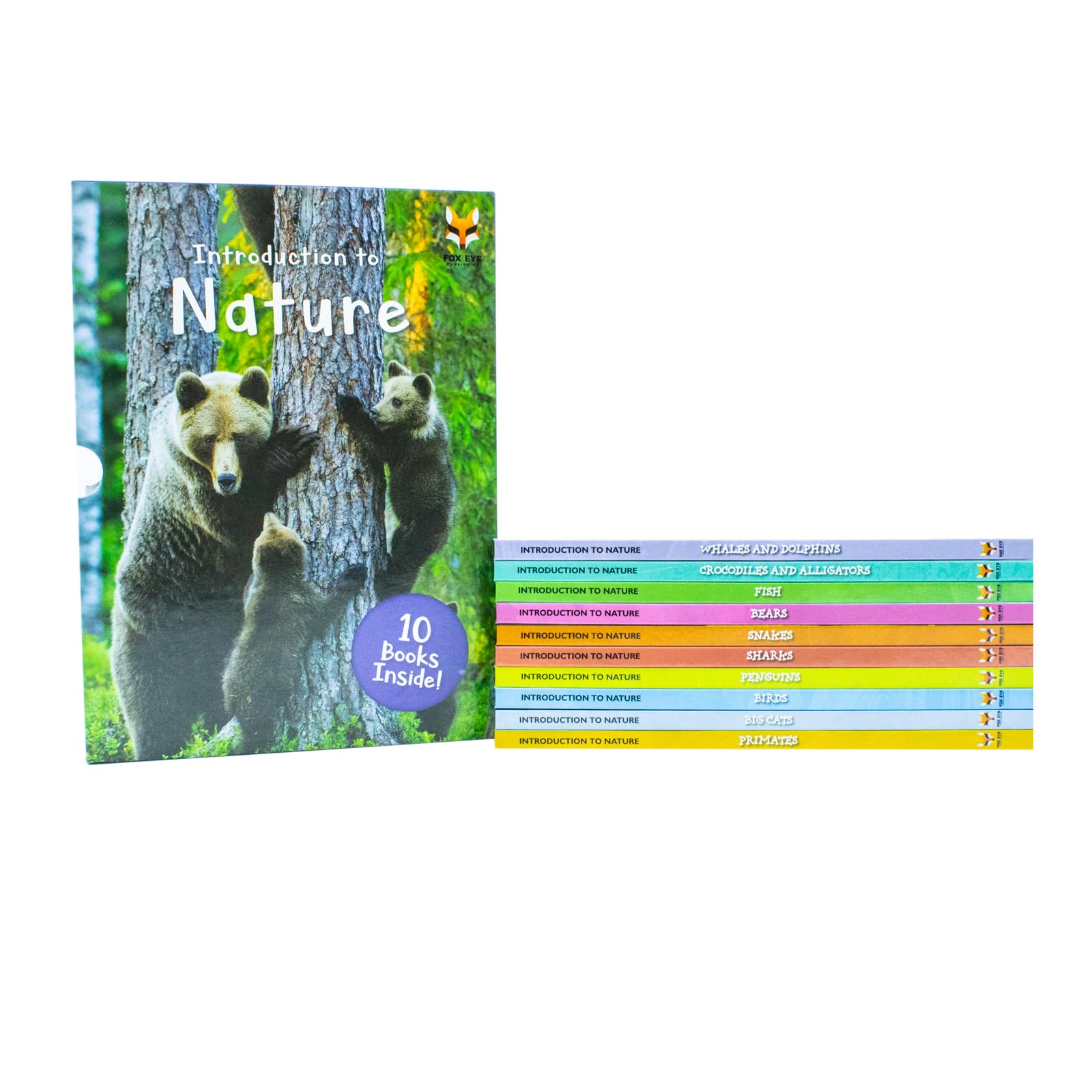 Introduction to Nature hardback set by Jasmine Brooke fanned out to show ten colorful animal-themed covers side by side.