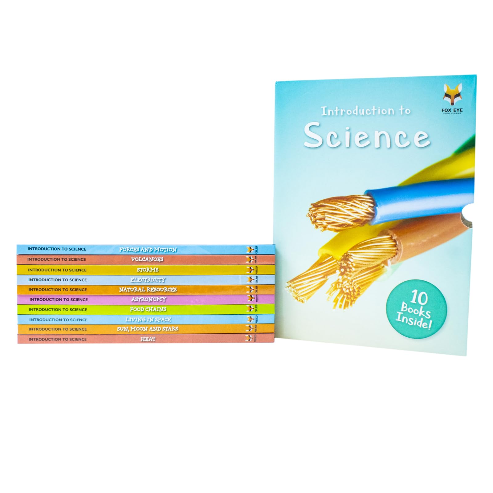 Front covers of all ten Introduction to Science for Beginners hardback books by Jasmine Brooke fanned out together.