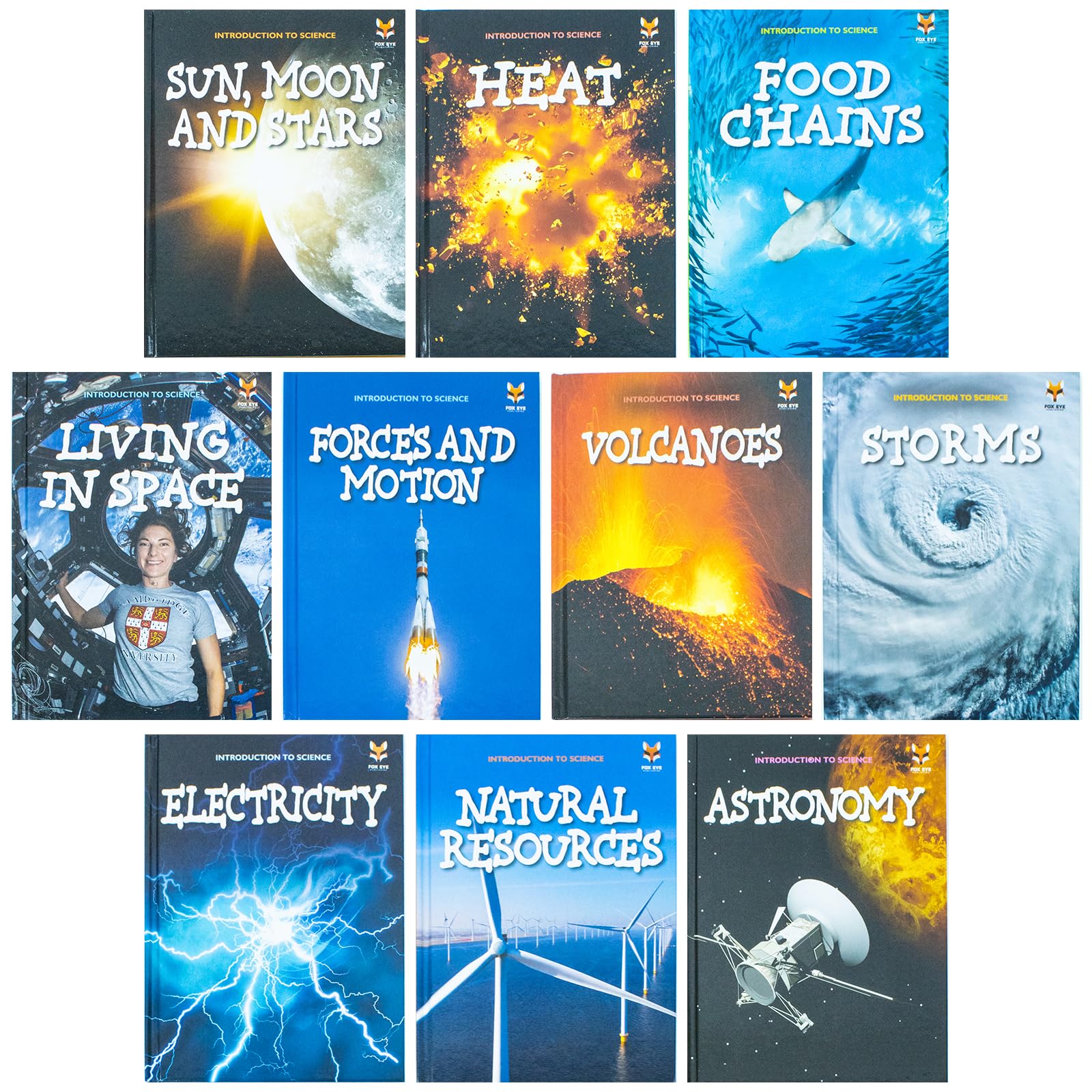 Stacked view of the Introduction to Science for Beginners 10-book hardback set by Jasmine Brooke showing spine and cover colors.
