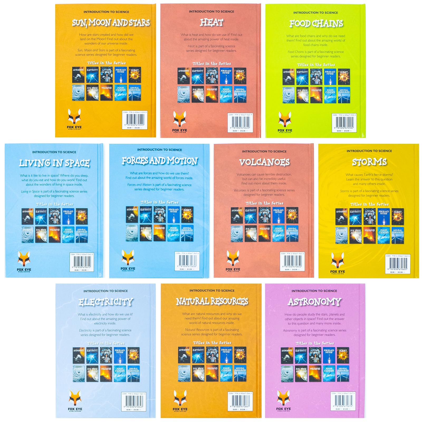 Introduction to Science for Beginners hardback books arranged to show titles including Volcanoes, Storms, and Food Chains.