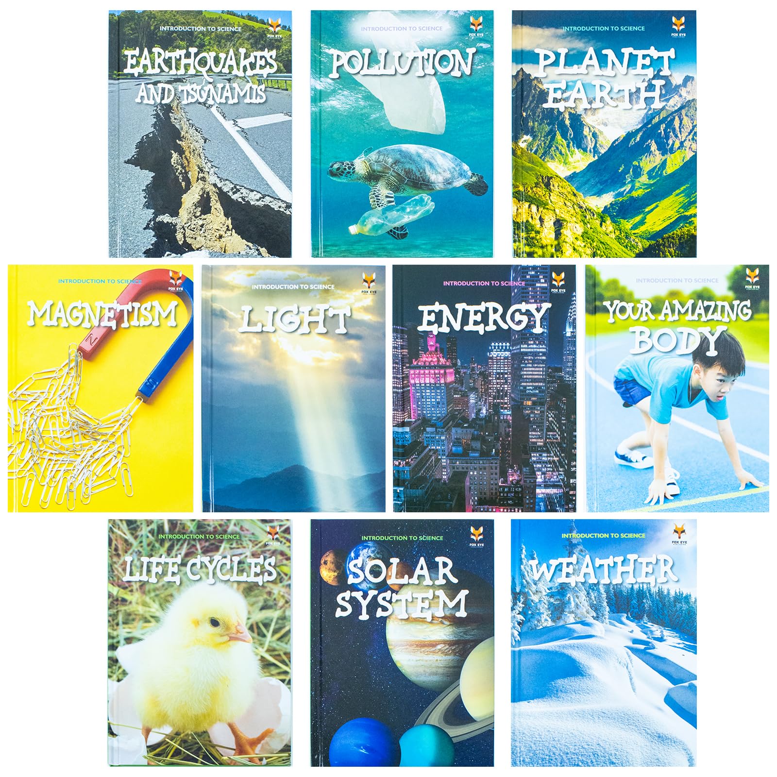 Introduction to Science Series 2 hardback books by Jasmine Brooke stacked to show spine widths and sturdy binding.