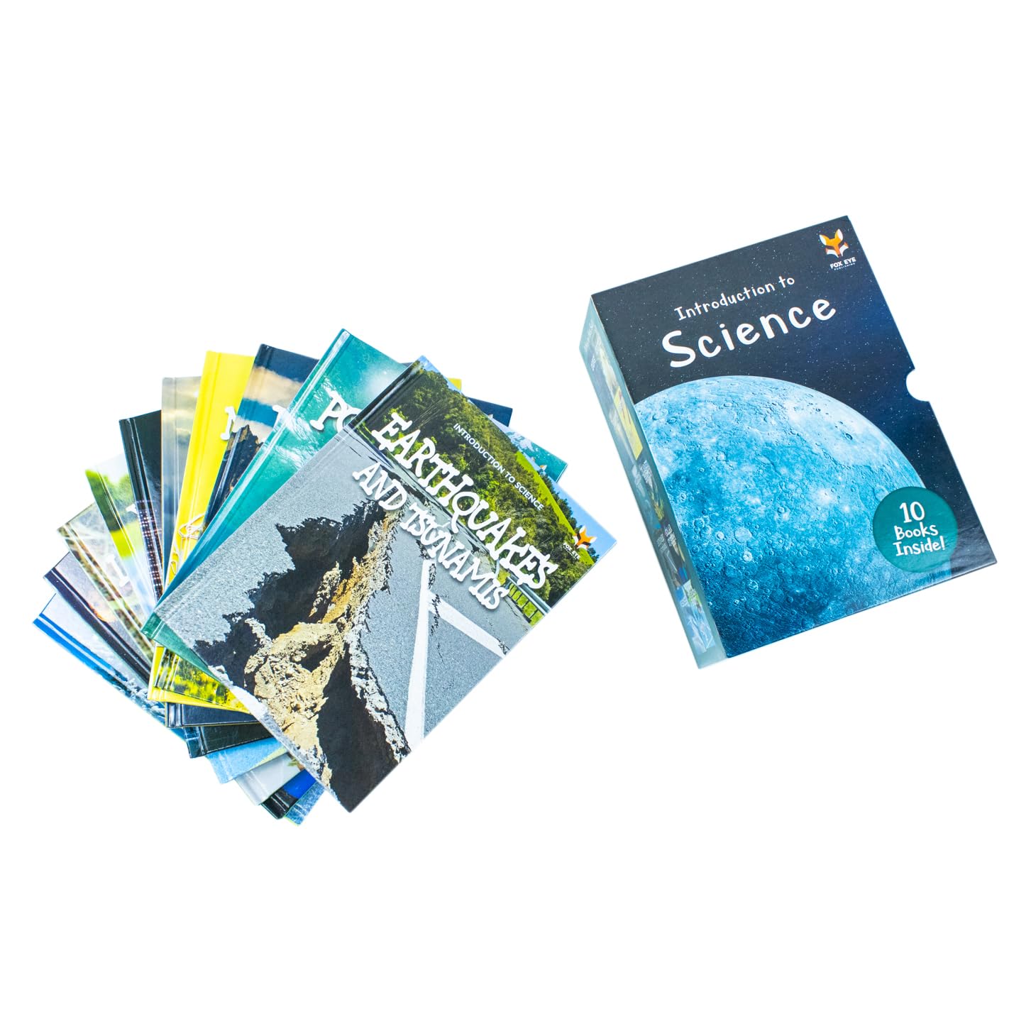 Close-up of book spines from the Introduction to Science Series 2 hardback collection by Jasmine Brooke.