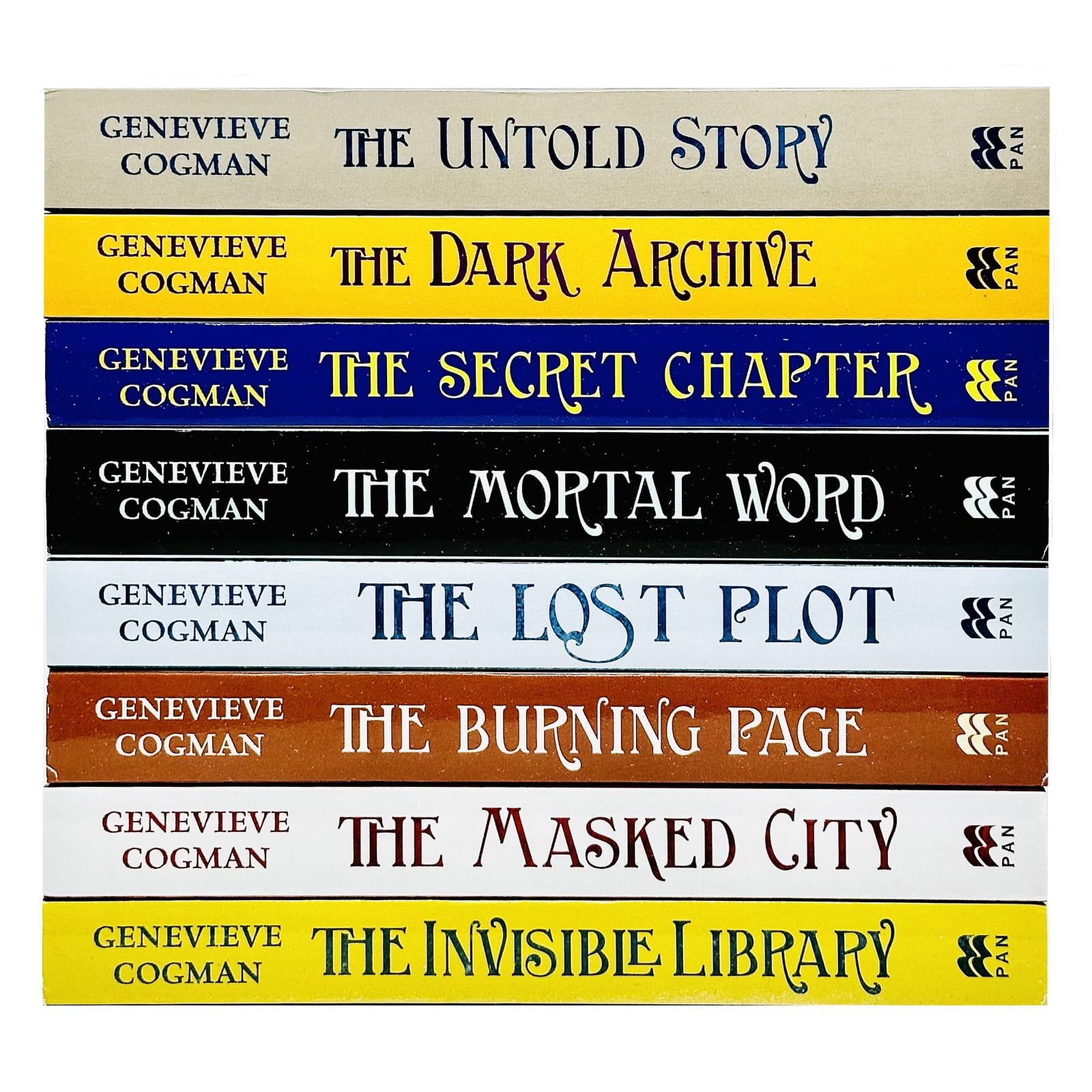 The Invisible Library series by Genevieve Cogman, all eight paperback books fanned out showing spines and covers