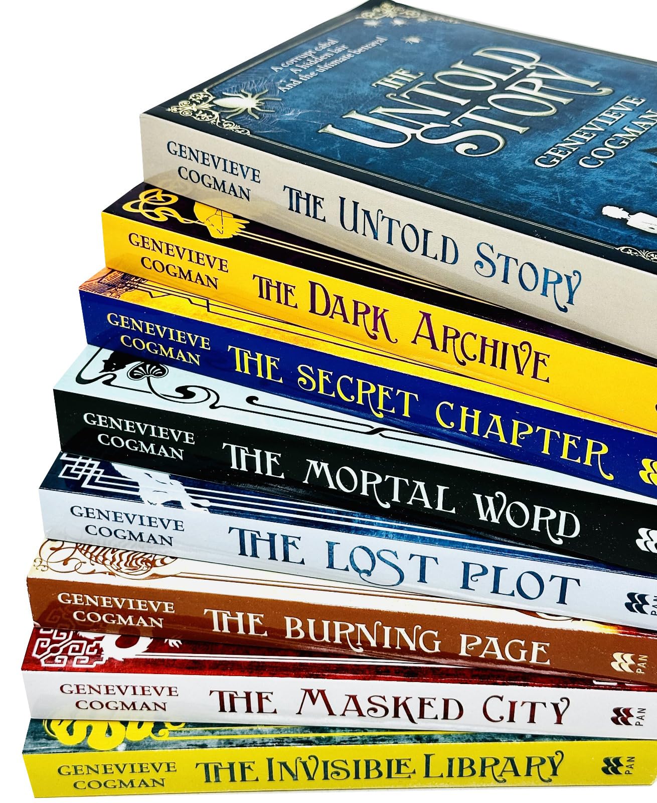 Close-up of The Invisible Library paperback set covers and back cover blurb by Genevieve Cogman