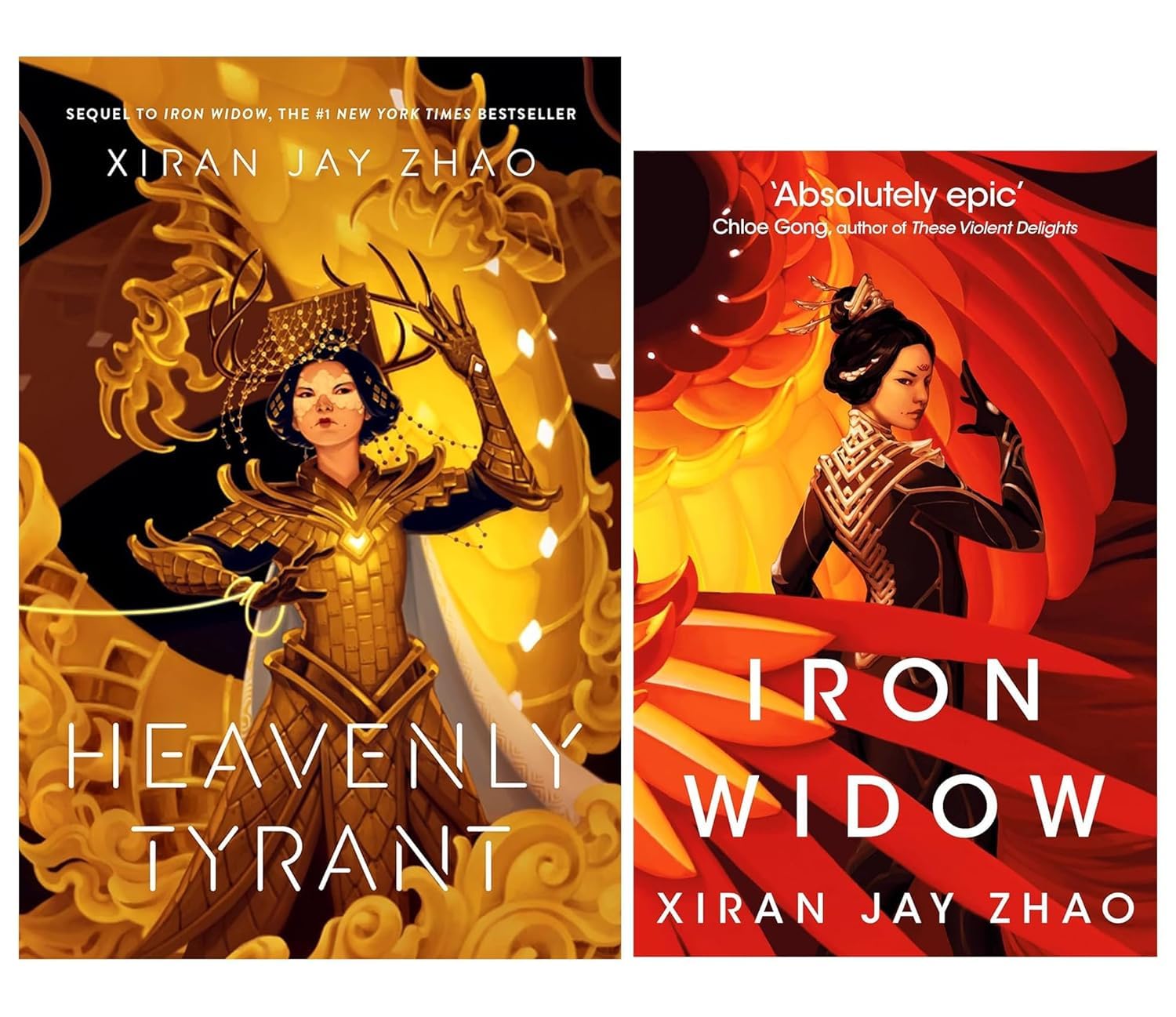 Iron Widow 2 Books Collection Set by Xiran Jay Zhao featuring Iron Widow and Heavenly Tyrant, front cover mixed format paperback and hardcover YA sci-fi duology