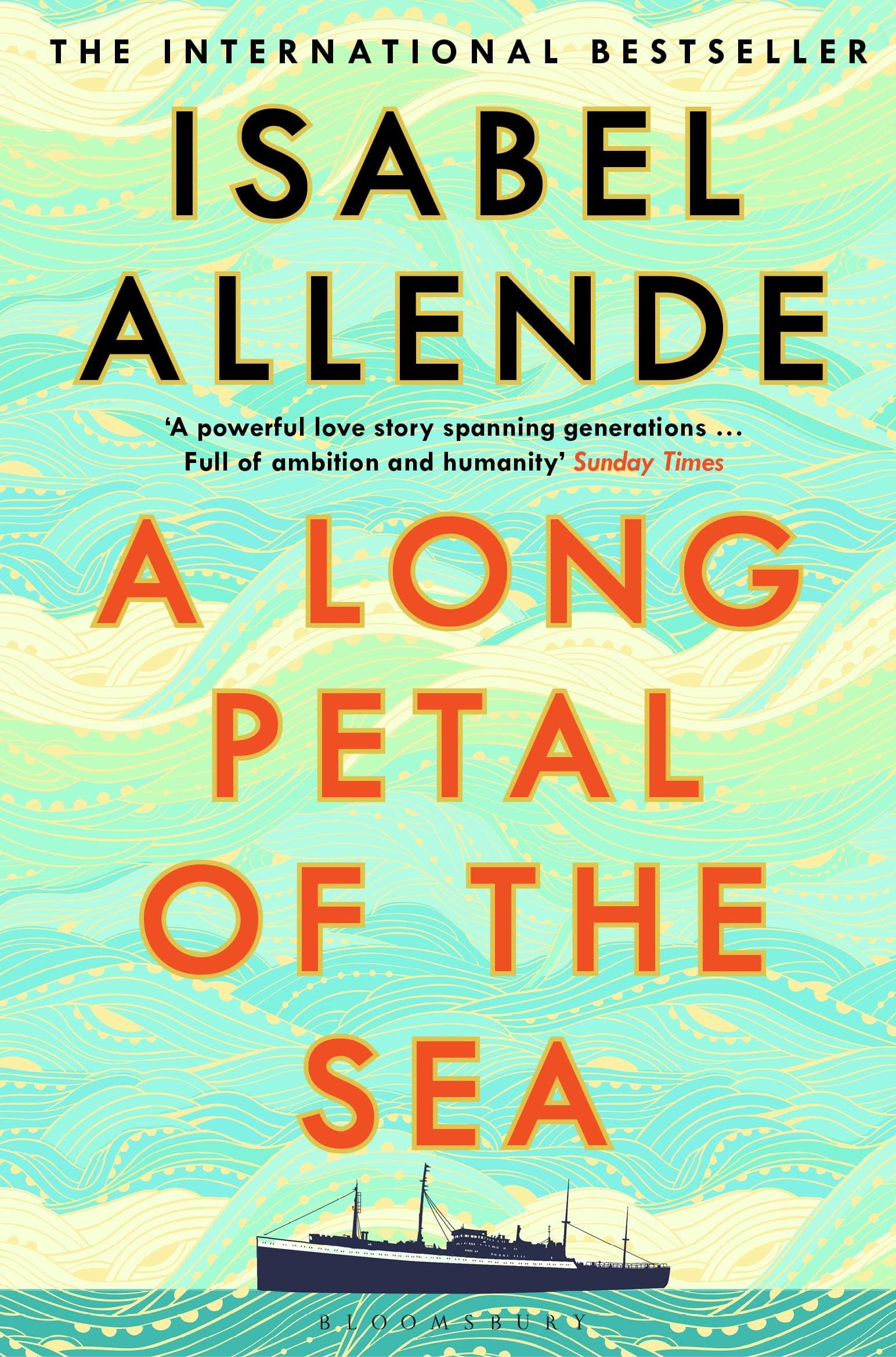 Front cover of A Long Petal of the Sea by Isabel Allende, paperback historical fiction novel