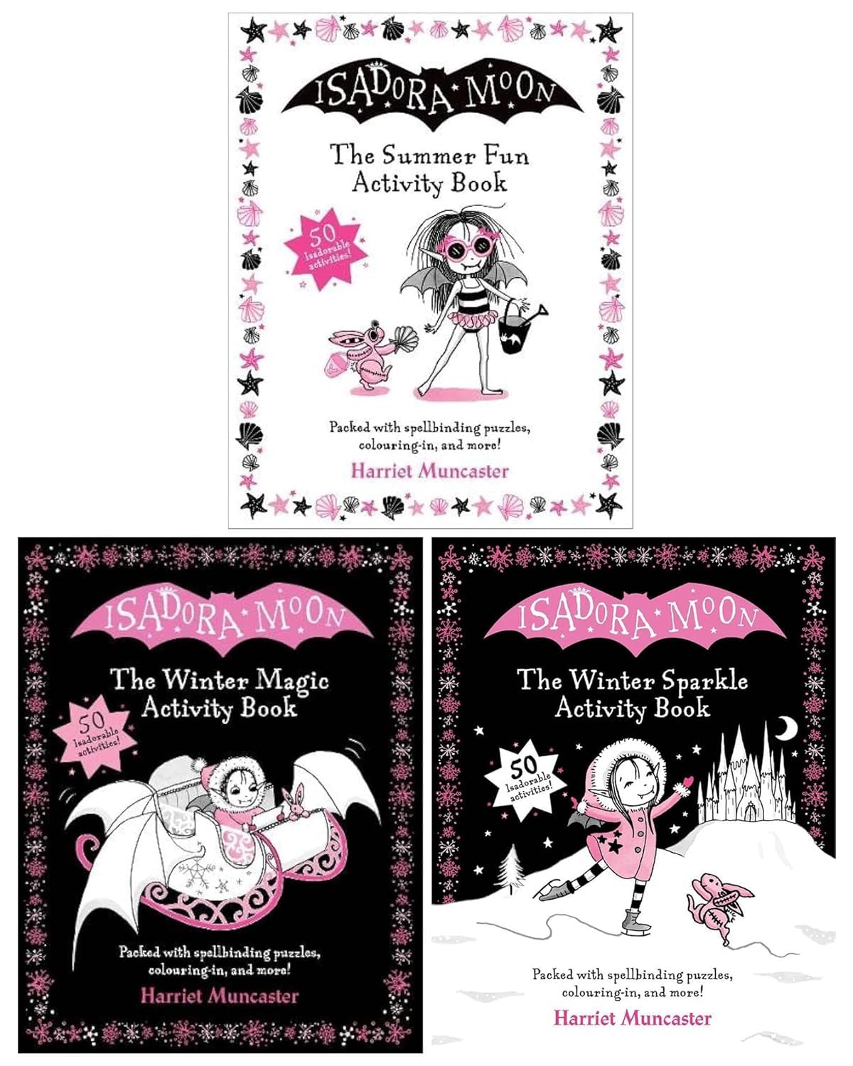 Isadora Moon 3-book activity collection set front cover by Harriet Muncaster, paperback, Ages 5-9