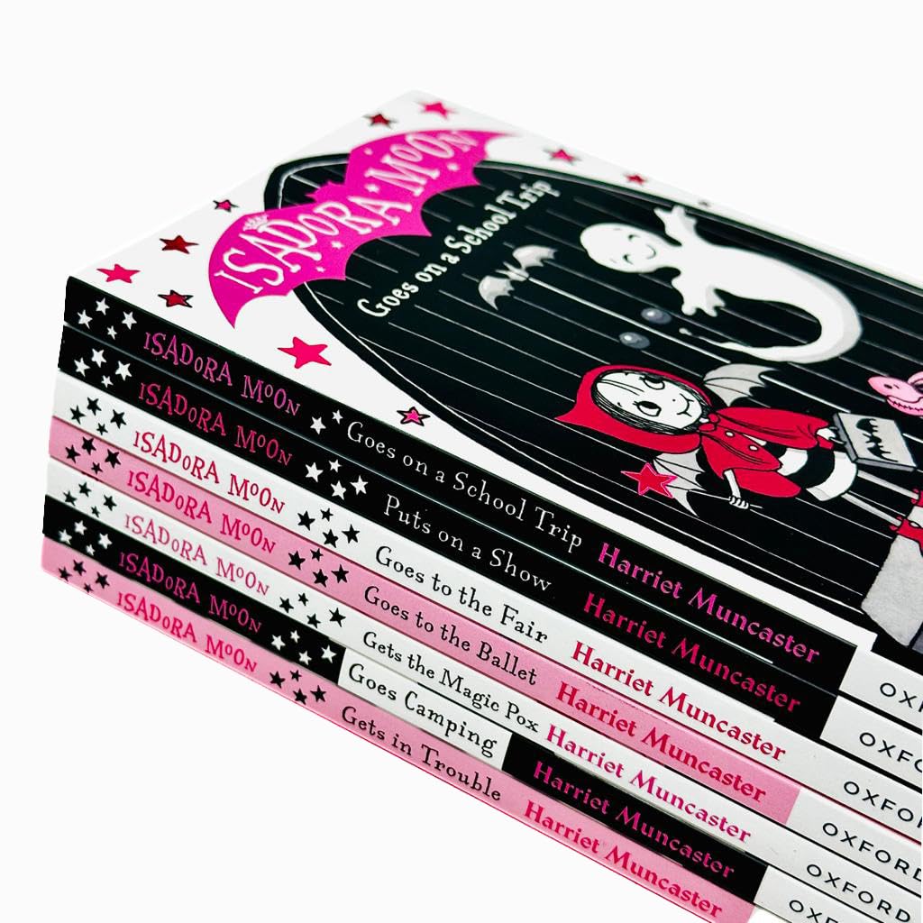 Back cover of the Isadora Moon paperback collection showing the spines of all seven titles including Isadora Moon Goes Camping and Isadora Moon Has a Birthday