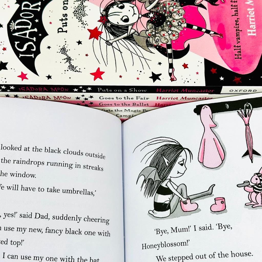 All seven Isadora Moon paperback books fanned out, showing covers for Goes to School, Goes to the Ballet, Goes to the Fair, and more