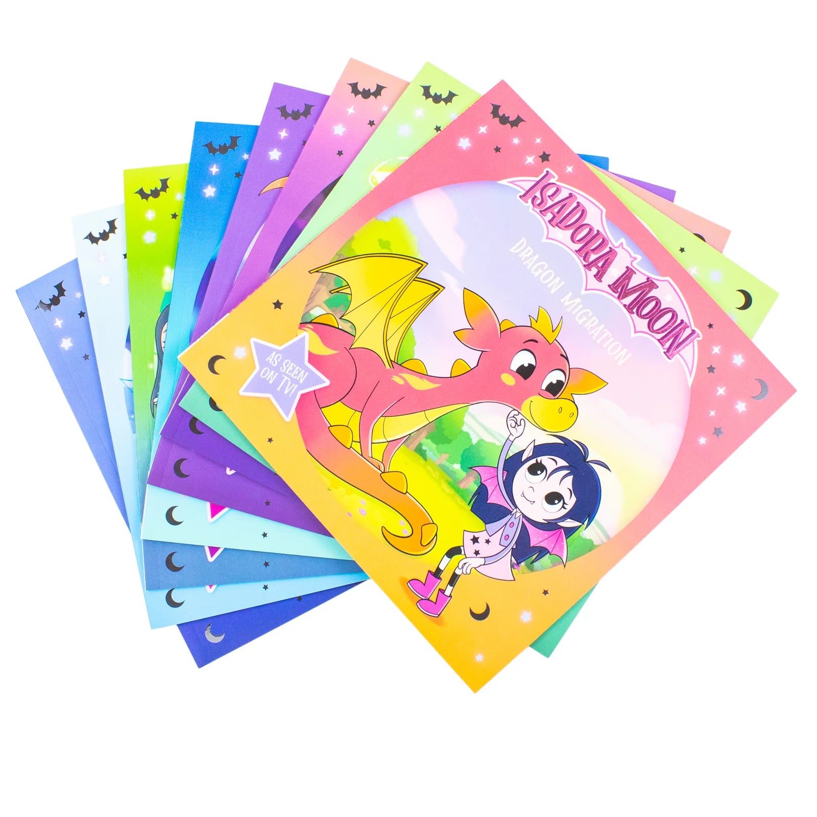Close-up of Isadora Moon paperback book spines from the 8 book TV tie-in collection