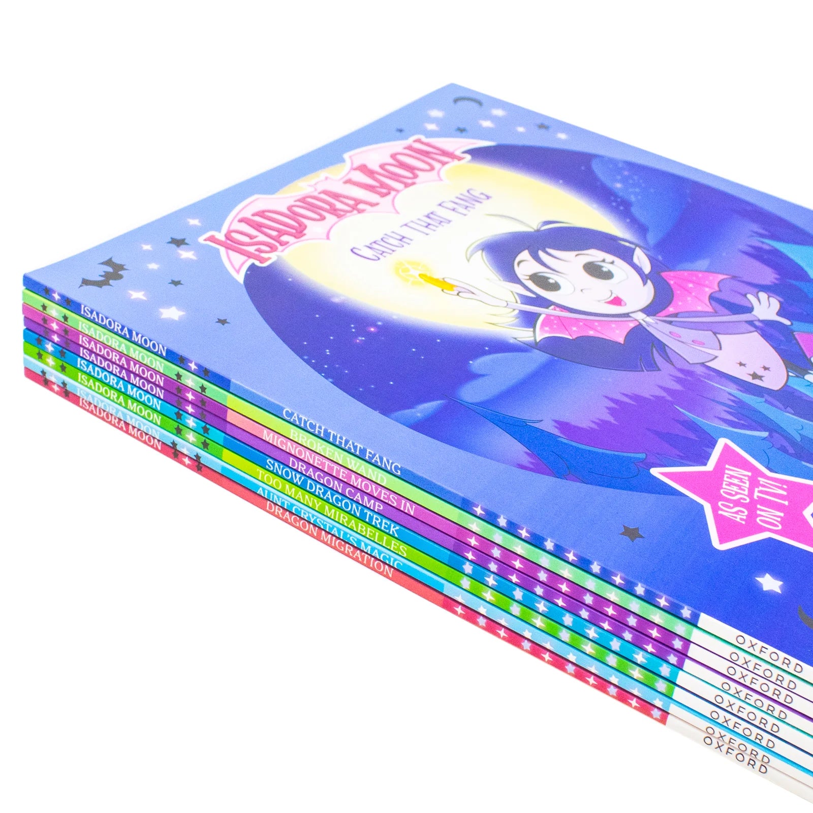 Isadora Moon Catch That Fang and Dragon Camp paperback covers from the TV tie-in set