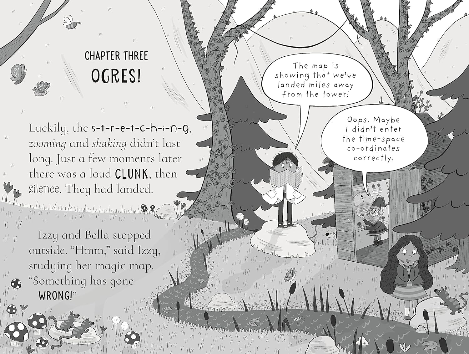 Inside page spread from an Izzy the Inventor paperback showing Henry the unicorn