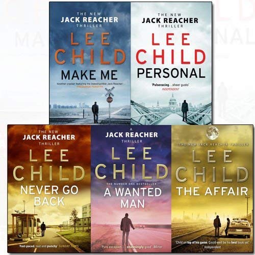 All five paperback novels in the Jack Reacher Series (16-20) by Lee Child stacked together, showing spines and cover art of the complete set