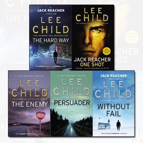 Alternate angle of the Jack Reacher 5-book paperback set by Lee Child, displaying the colorful thriller cover artwork and book spines side by side.