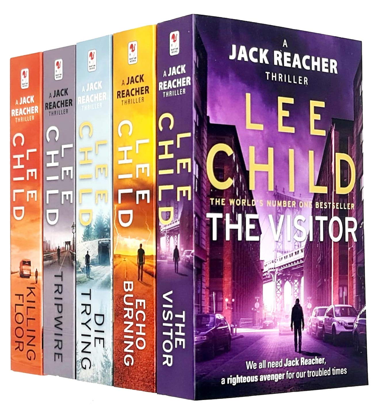 Full Jack Reacher 5-book paperback set by Lee Child fanned out, showing Killing Floor, Die Trying, Tripwire, The Visitor, and Echo Burning covers.