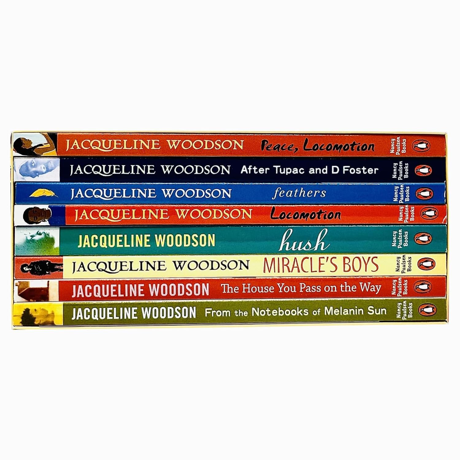 Back cover of The Jacqueline Woodson Collection box set listing all eight included paperback titles