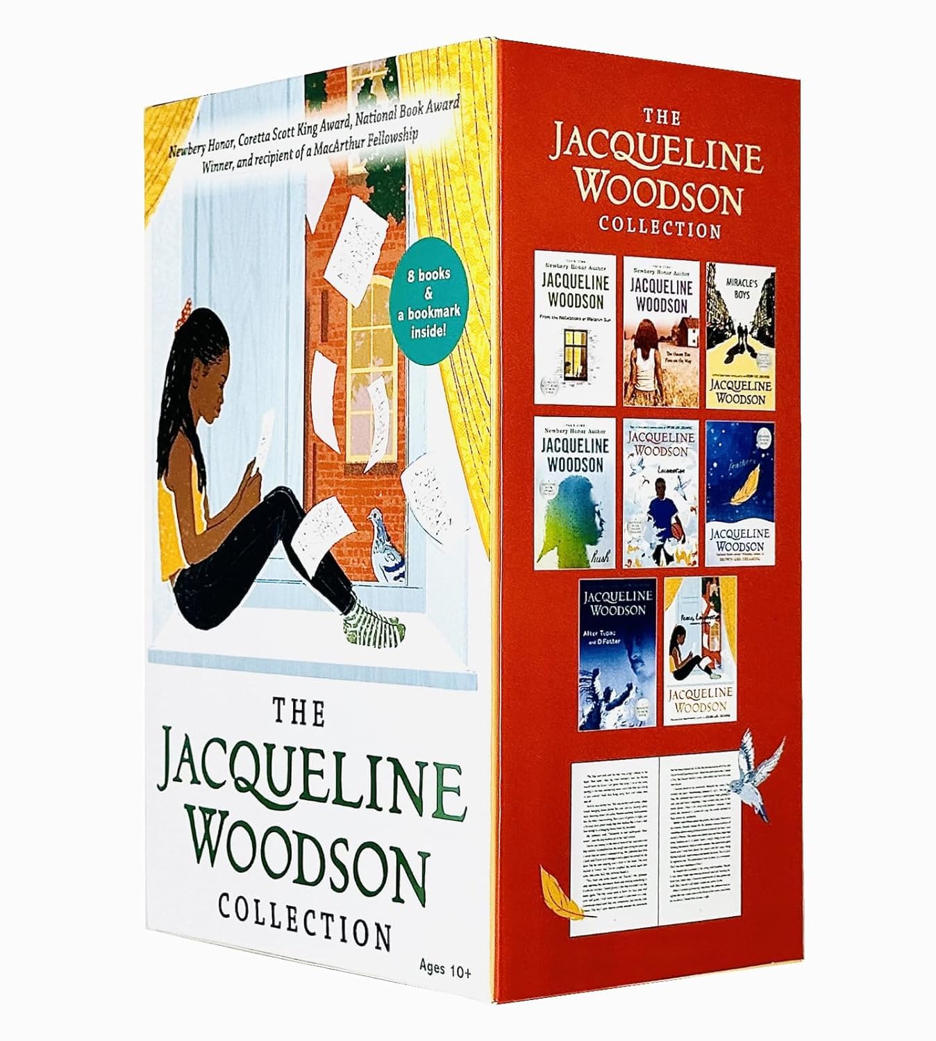 All eight paperback books from The Jacqueline Woodson Collection fanned out, including Locomotion, Feathers, and Hush