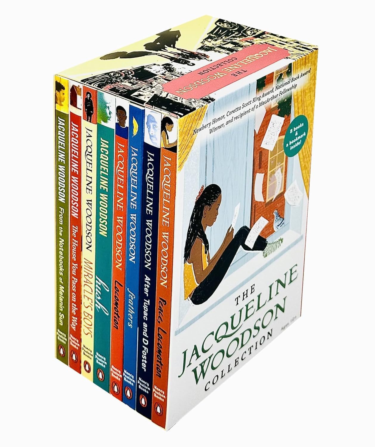 Close-up of individual paperback covers from The Jacqueline Woodson Collection, including Miracle's Boys and After Tupac and D Foster