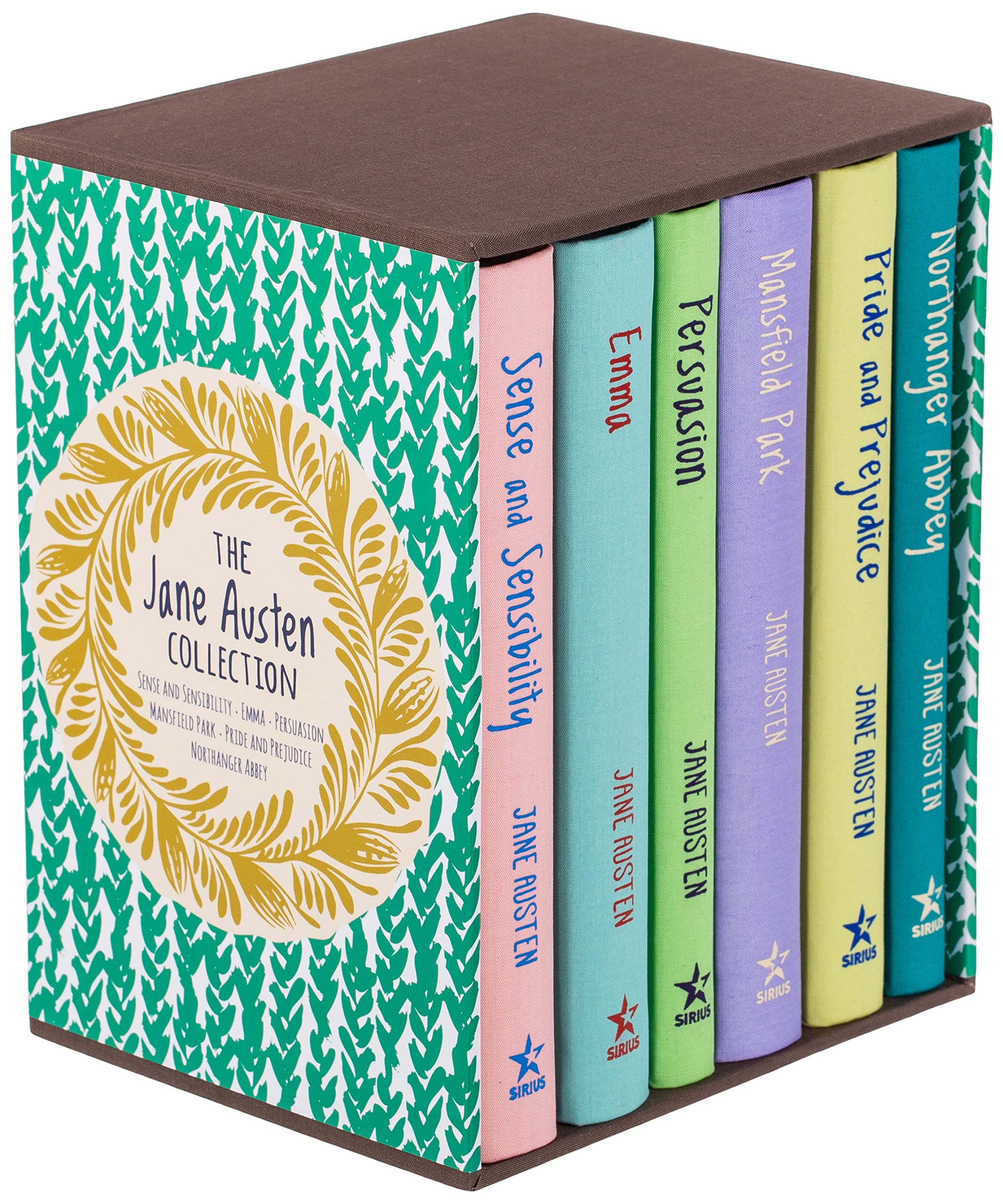 Six hardback Jane Austen novels fanned out showing embossed covers, including Pride and Prejudice and Emma