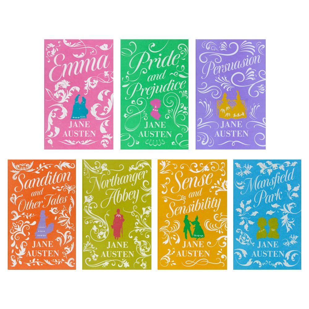 Full Jane Austen 7 book hardcover set fanned out showing Emma, Pride and Prejudice, Persuasion, Sense and Sensibility, Mansfield Park, Northanger Abbey, and Sanditon and Other Tales