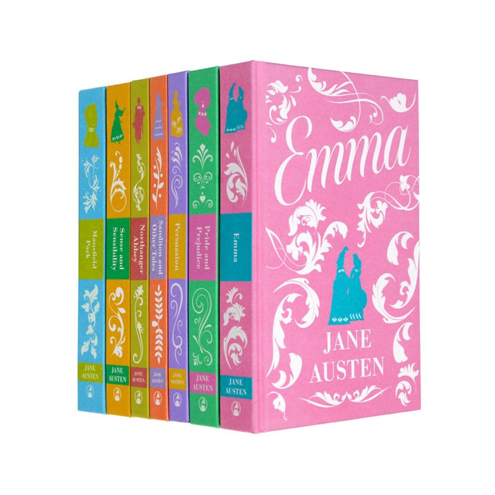 Close-up of individual Jane Austen hardcover book covers from the 7 book collection set