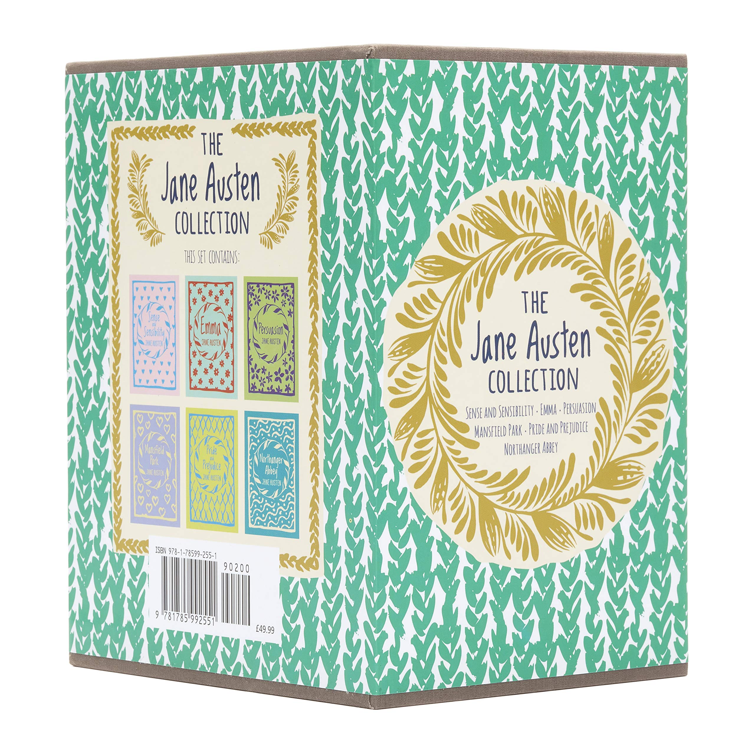 The six paperback novels in the Jane Austen Collection fanned out, showing individual spines and covers