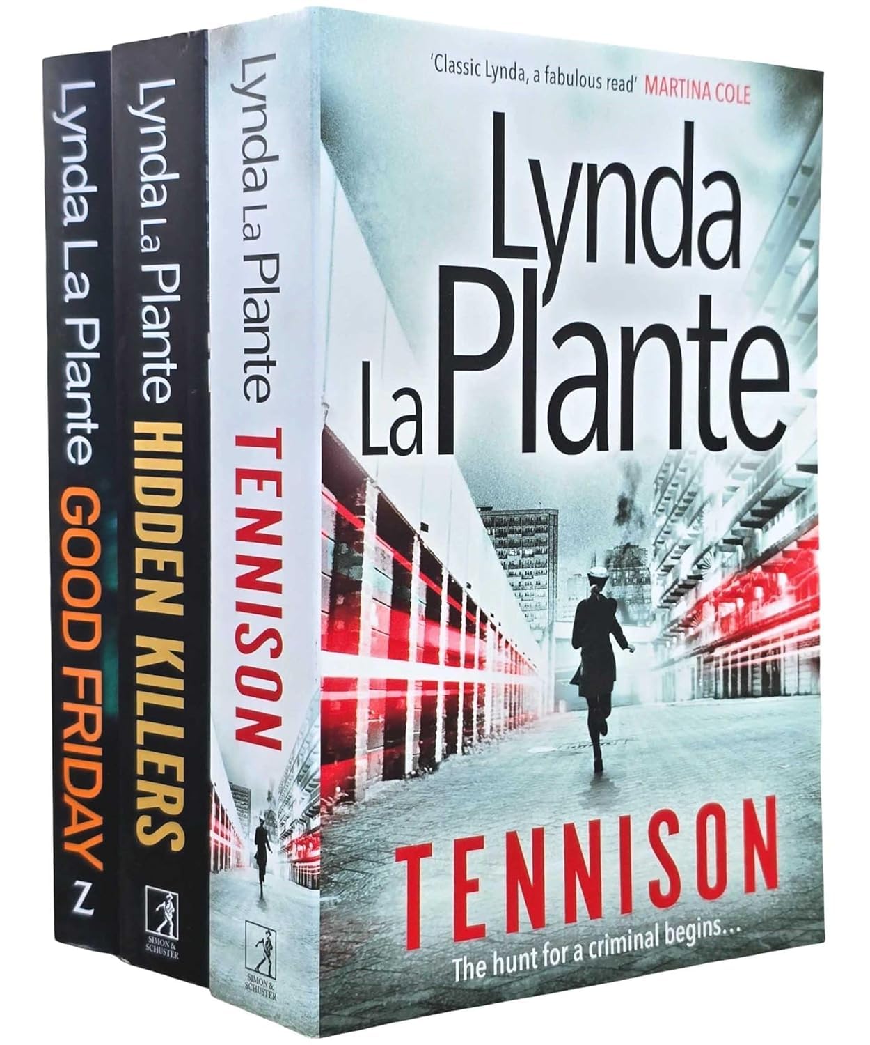 Front cover of Jane Tennison Thrillers 3 Books Collection Set by Lynda La Plante, paperback edition featuring Tennison, Hidden Killers, and Good Friday