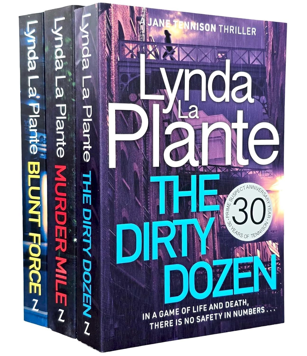 Jane Tennison Thrillers Books 4-6 by Lynda La Plante paperback 3-book collection set cover, including Murder Mile, The Dirty Dozen, and Blunt Force