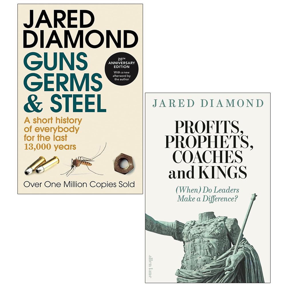 Jared Diamond 2 Books Collection Set paperback front cover featuring Guns, Germs, and Steel and Profits, Prophets, Coaches and Kings