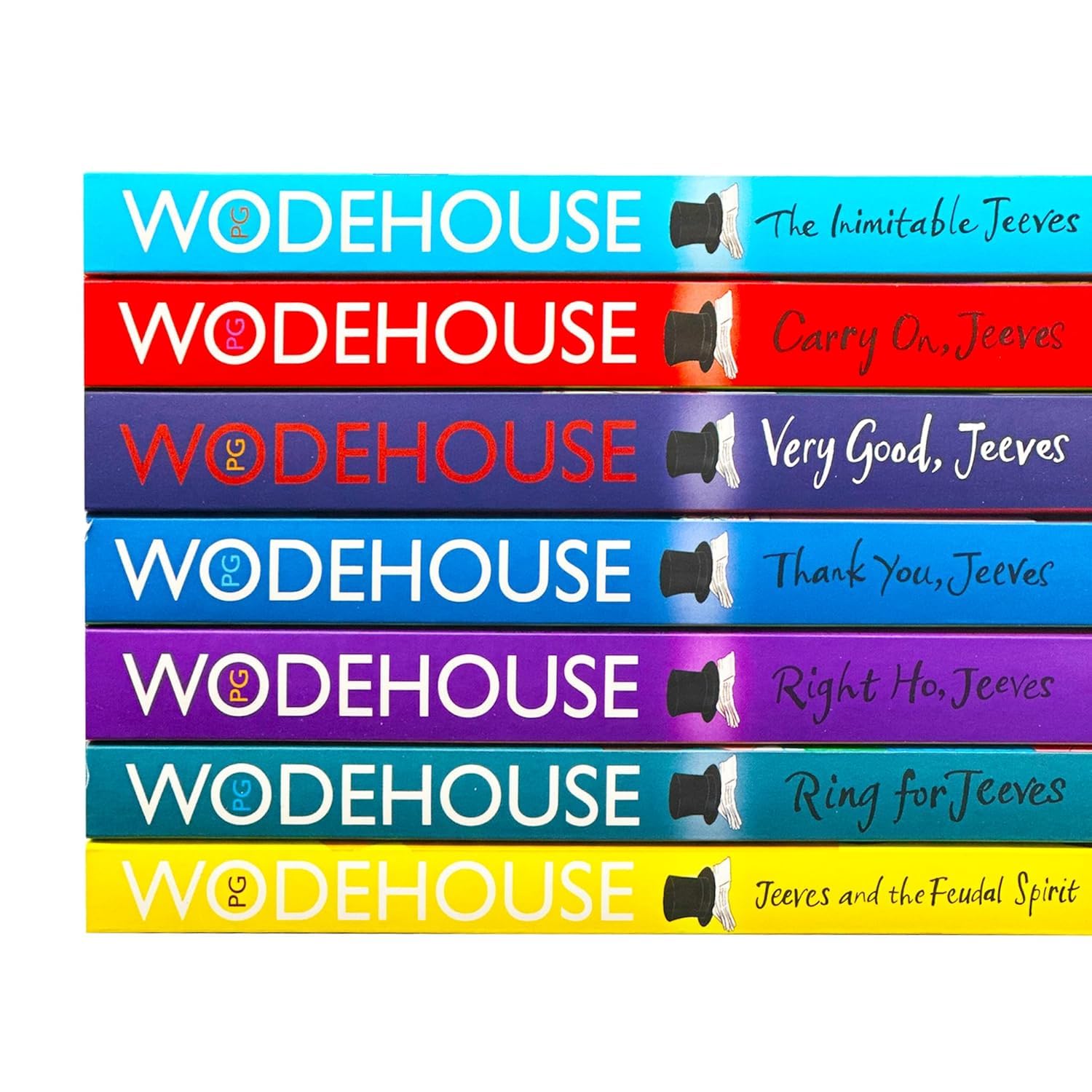 All seven paperback spines and covers of the Jeeves and Wooster P.G. Wodehouse collection set laid out together