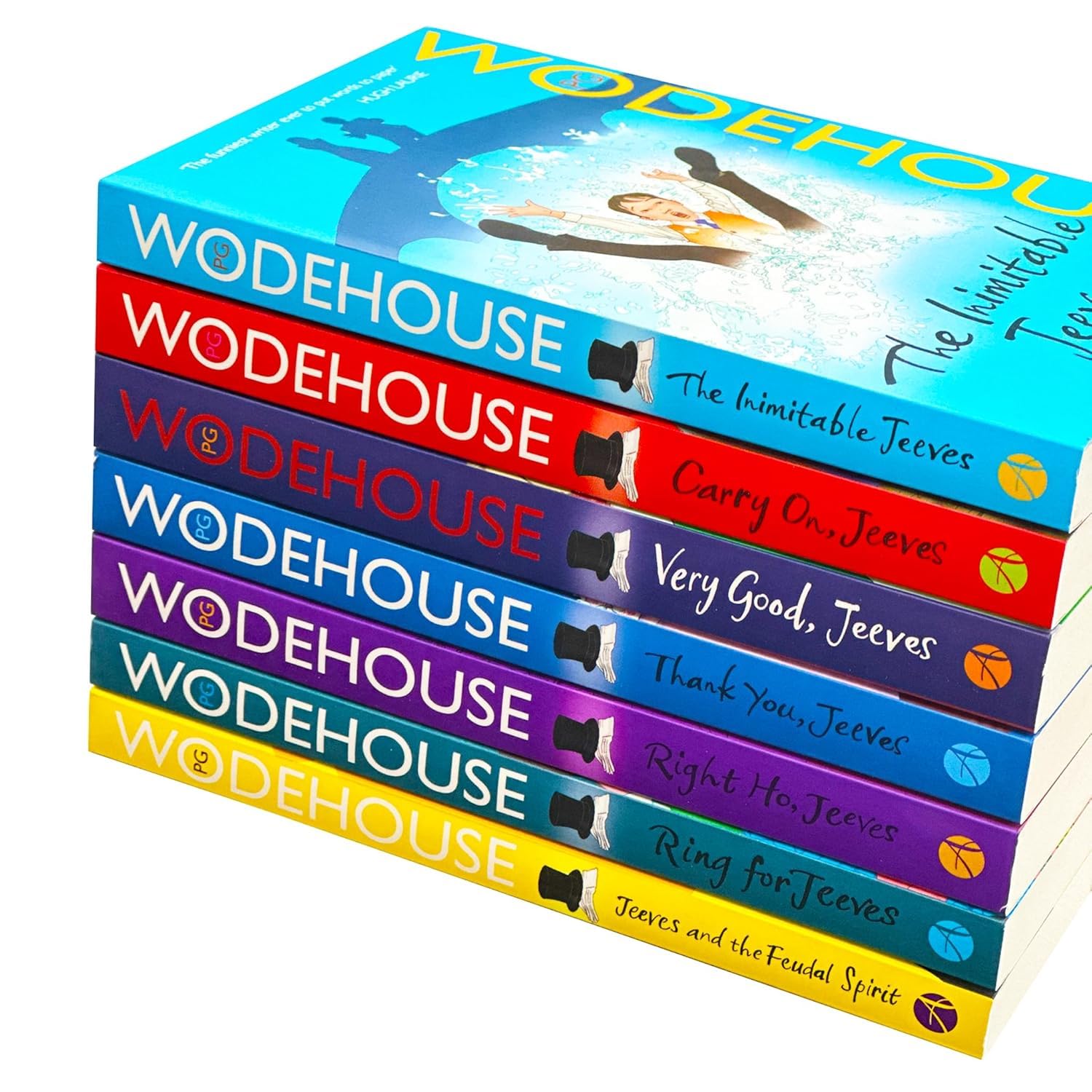 Seven Jeeves and Wooster paperback books by P.G. Wodehouse neatly stacked showing spine titles