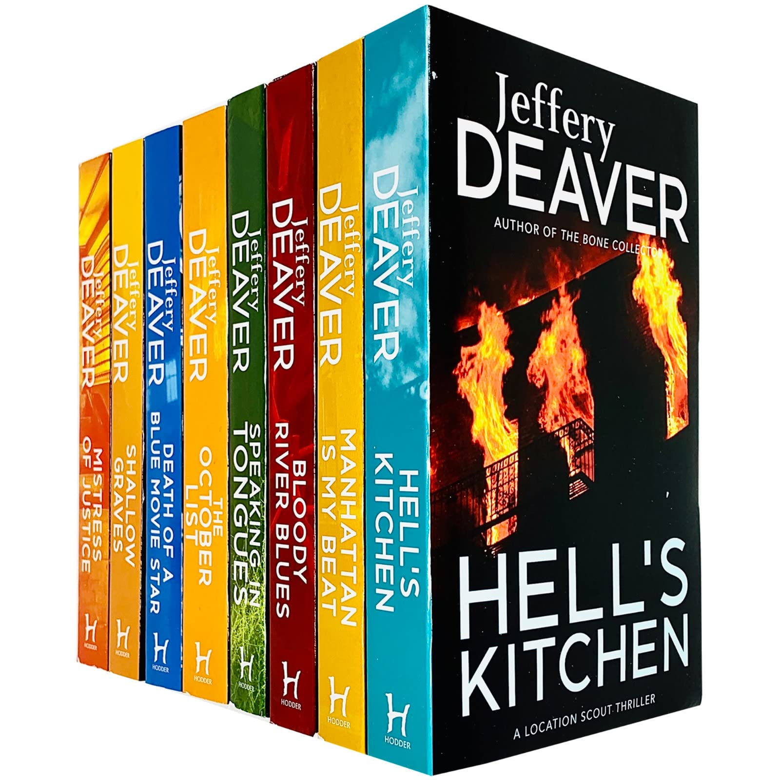 Front cover of the Jeffery Deaver 8 Books Collection Set paperback showing the crime thriller titles including Mistress of Justice and Bloody River Blues