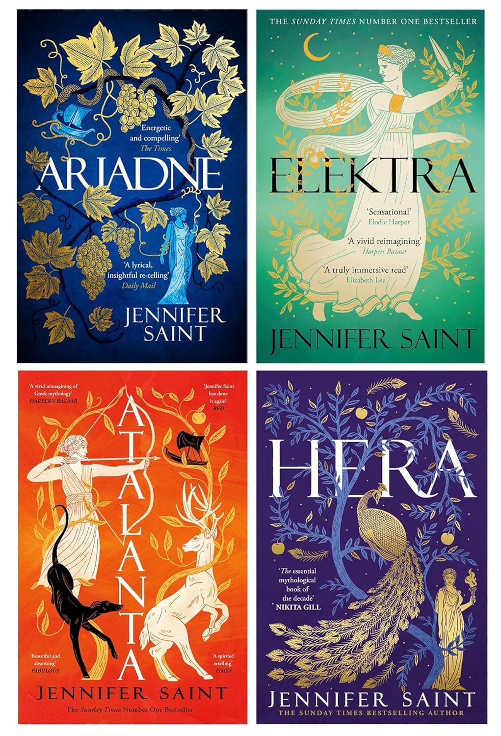 Front cover of the Jennifer Saint 4 Books Collection Set paperback, featuring Ariadne, Elektra, Atalanta, and Hera