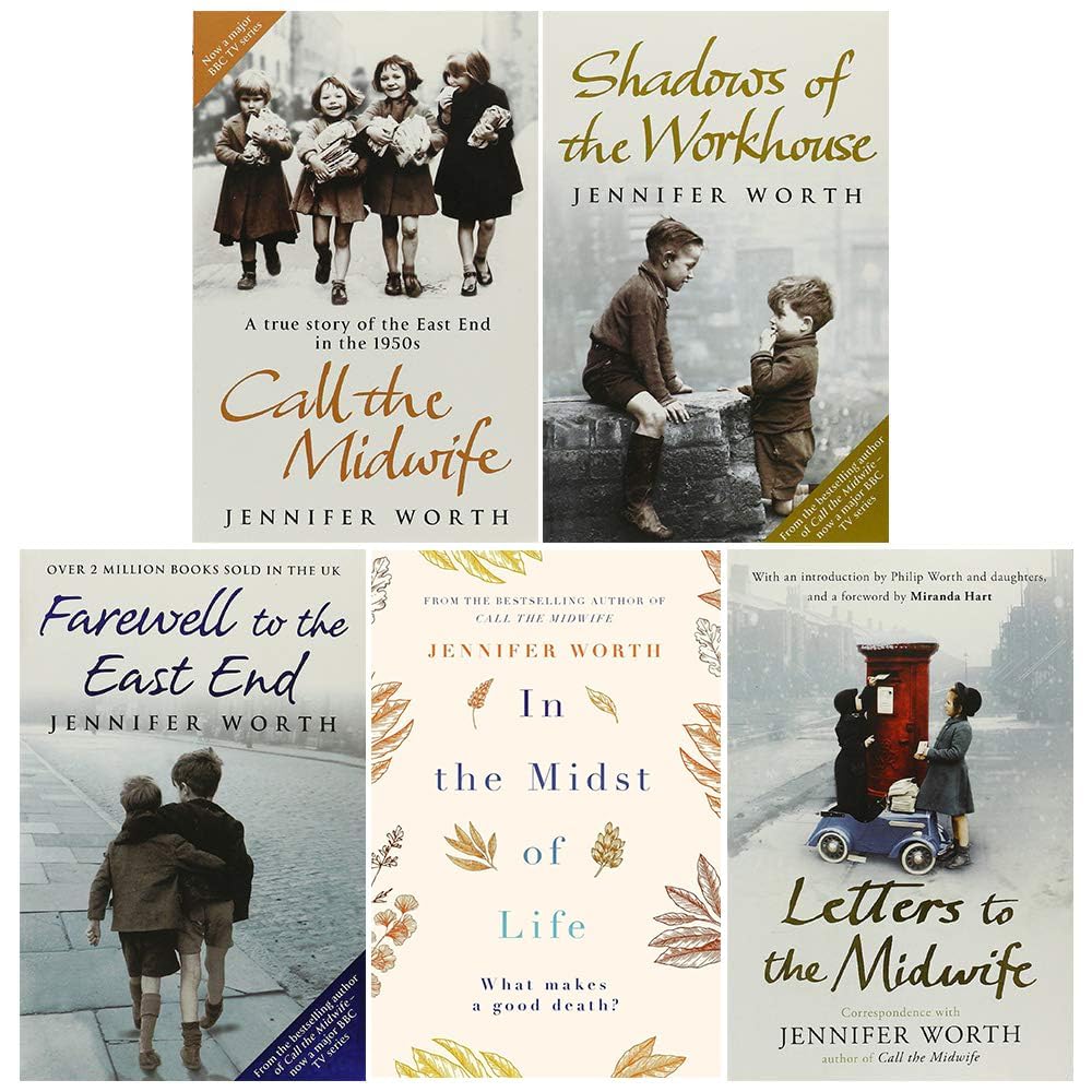 Stack of all five Jennifer Worth paperback memoirs including Call the Midwife and Shadows of the Workhouse
