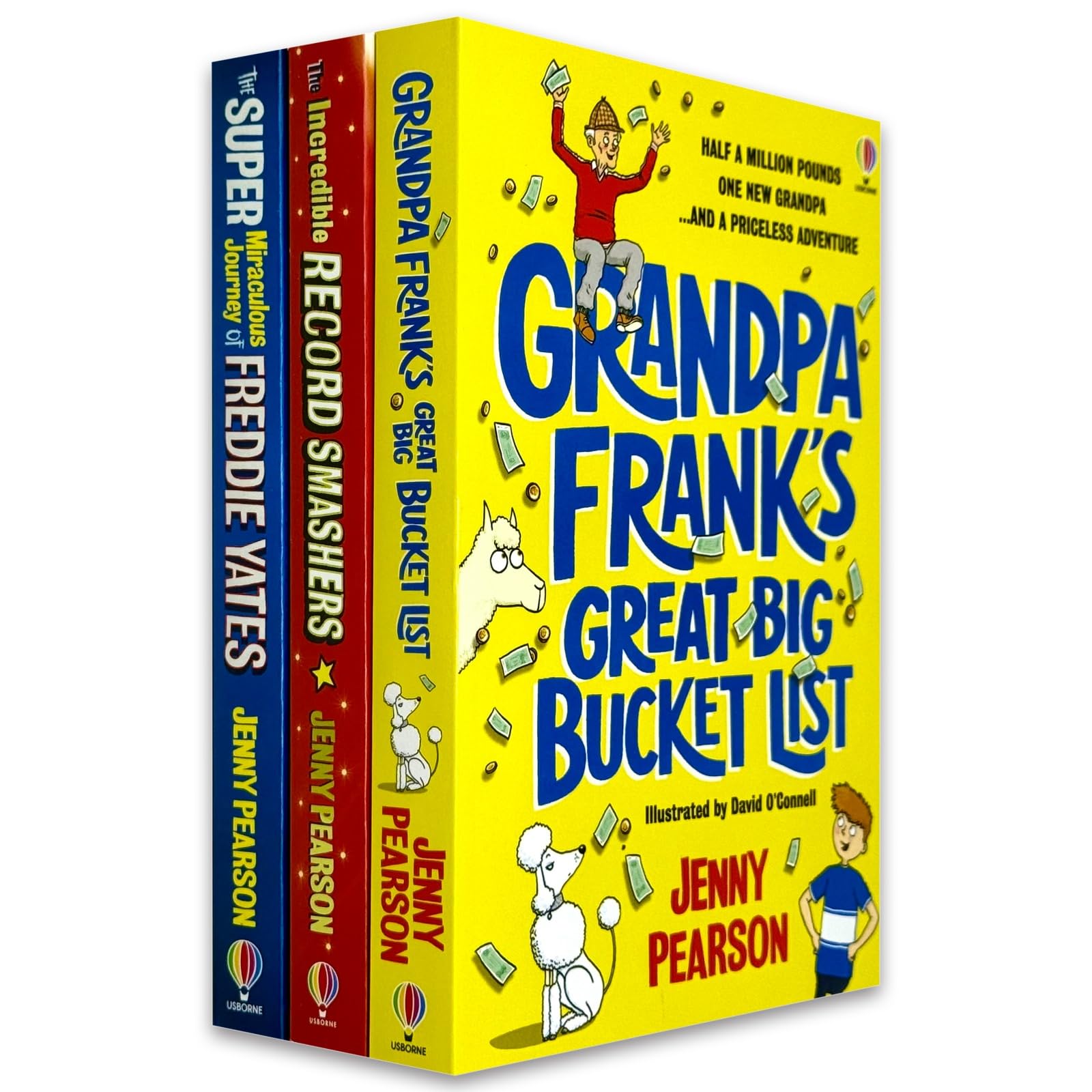 Jenny Pearson 3 Books Collection Set front cover featuring Grandpa Frank's Great Big Bucket List, The Incredible Record Smashers, and The Super-Miraculous Journey of Freddie Yates paperbacks