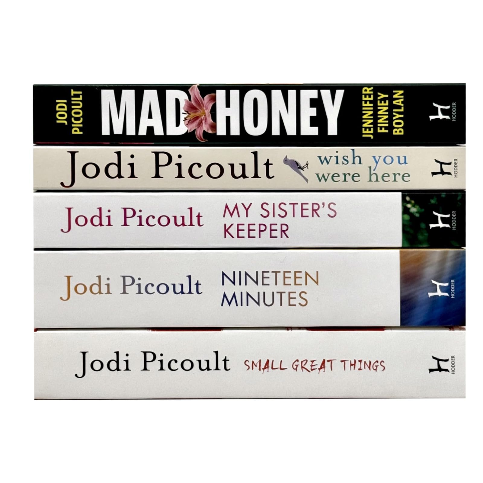 close-up of the five Jodi Picoult paperback novels showing individual cover art