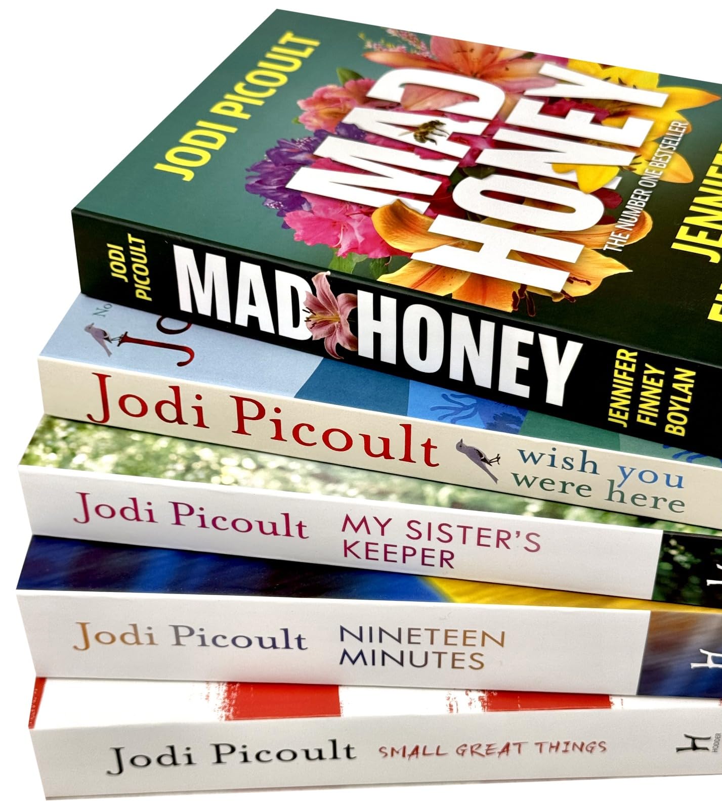 Jodi Picoult 5 book set fanned out showing Small Great Things, Nineteen Minutes, and My Sister's Keeper covers