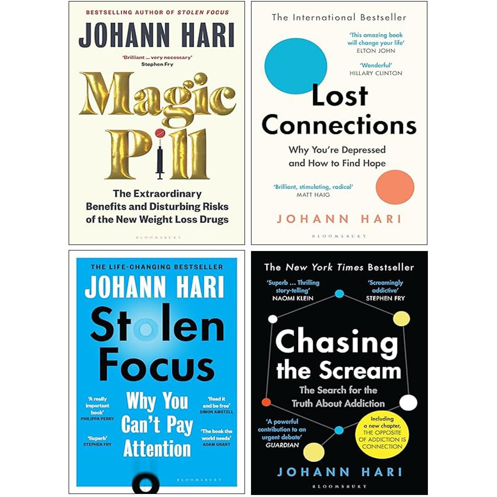 Johann Hari 4 Books Collection Set paperback front cover featuring Stolen Focus, Chasing the Scream, Lost Connections and Magic Pill