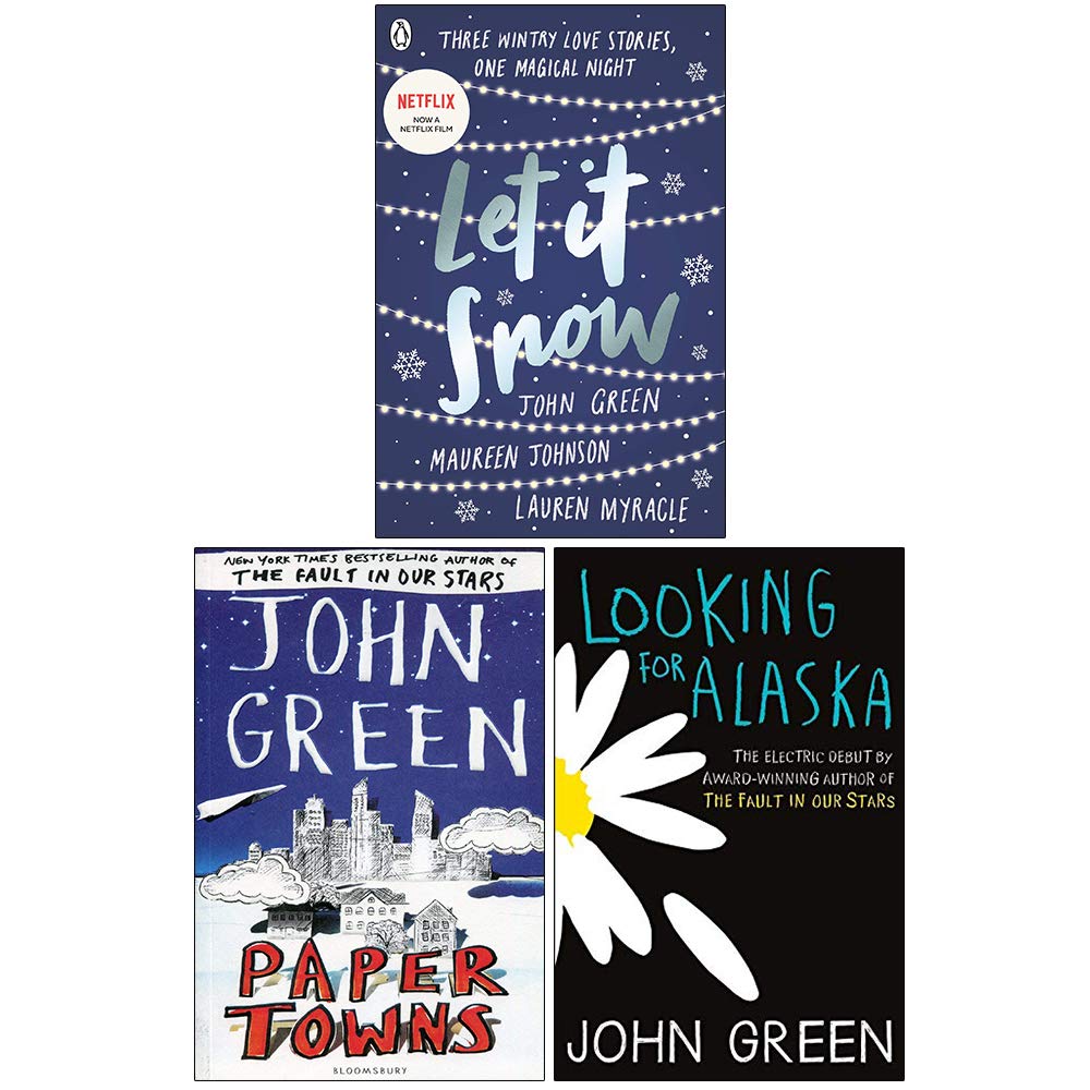 Front covers of the John Green Collection 3-book paperback set featuring Let It Snow, Paper Towns, and Looking for Alaska